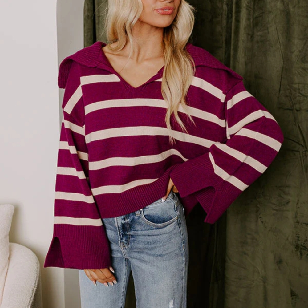 Plum and Cream V-Neck Striped Sweater